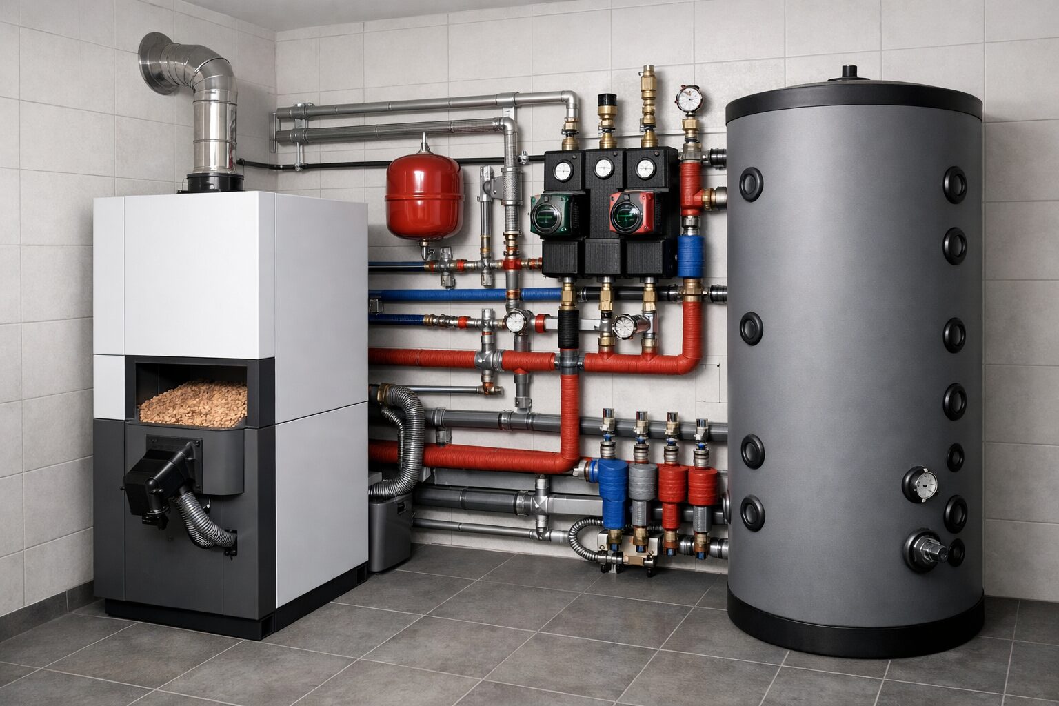 Kocioł pelletowy kondensacyjny z zaznaczonymi połączeniami