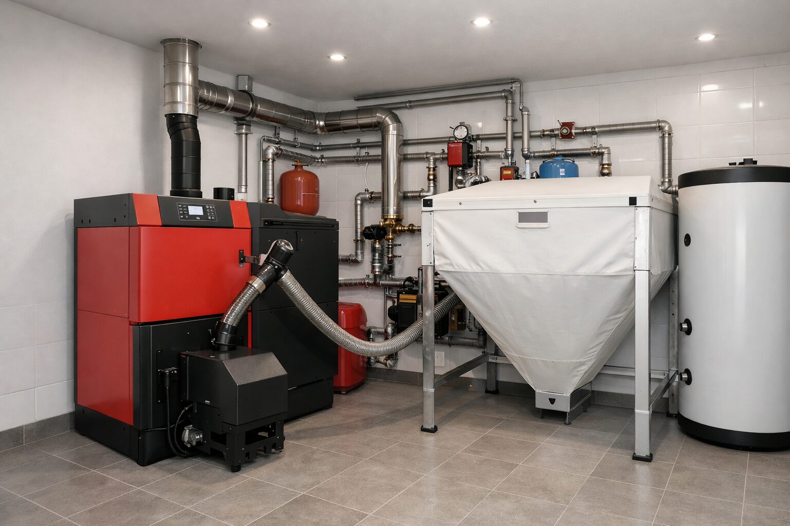 Schemat projektu kotłowni na pellet z oznaczonymi elementami