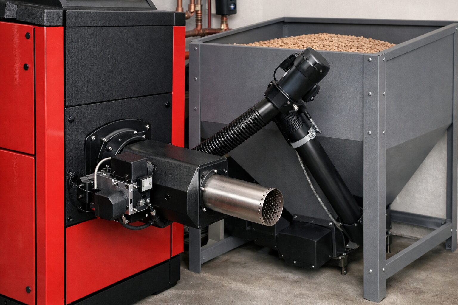 Palnik pelletowy poziomy zamontowany w kotle centralnego ogrzewania
