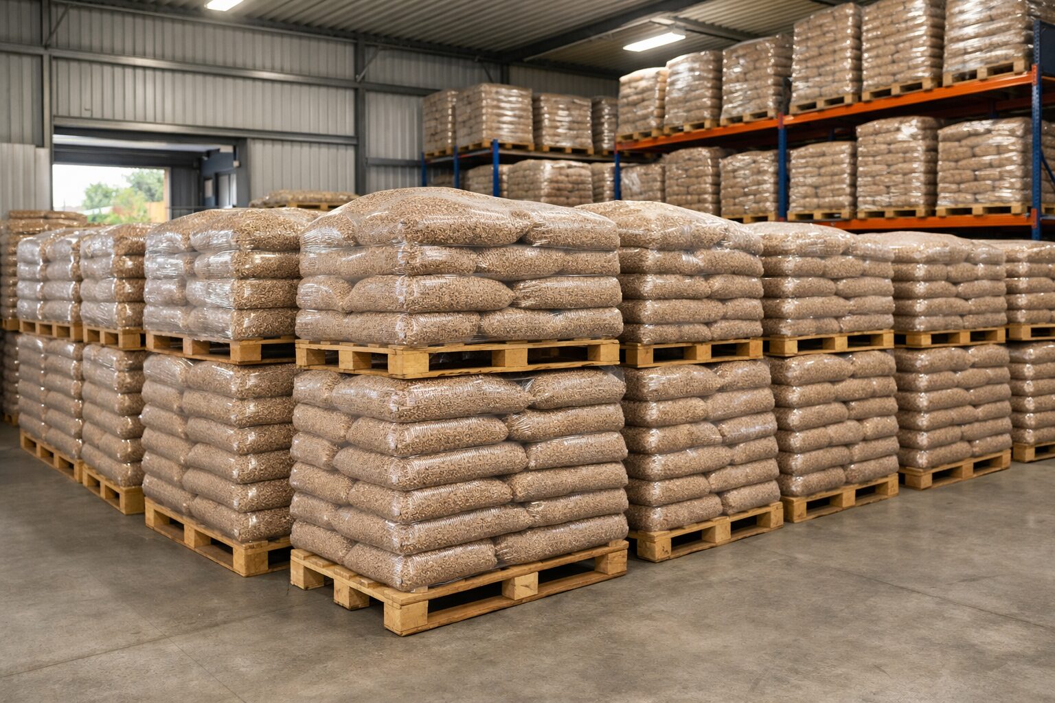 Worki z pelletem drzewnym ENplus A1 ułożone na paletach z widoczną ceną na tablicy