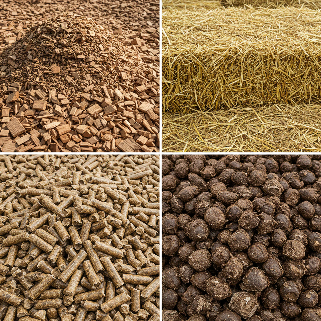 Trzy rodzaje pelletu obok siebie: jasny drzewny iglasty, złoty słomiany i ciemny z łuski słonecznika
