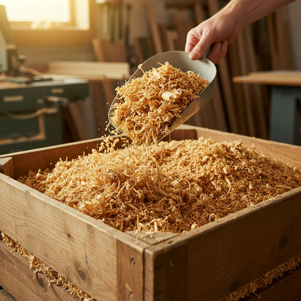 Stos suchych trocin iglastych w warsztacie tartacznym — surowiec do produkcji pelletu