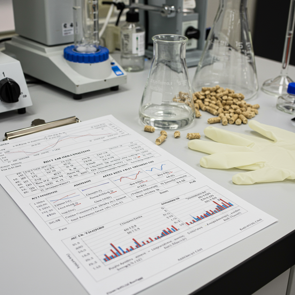 Zbliżenie na dłoń z granulatami pelletu drzewnego, widoczna gładka powierzchnia i jednolity kolor