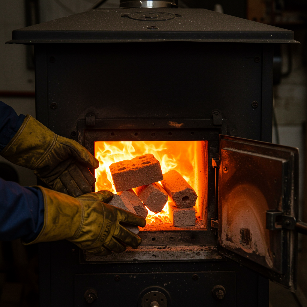 Osoba wkładająca brykiety z biomasy do kotła zasypowego w kotłowni