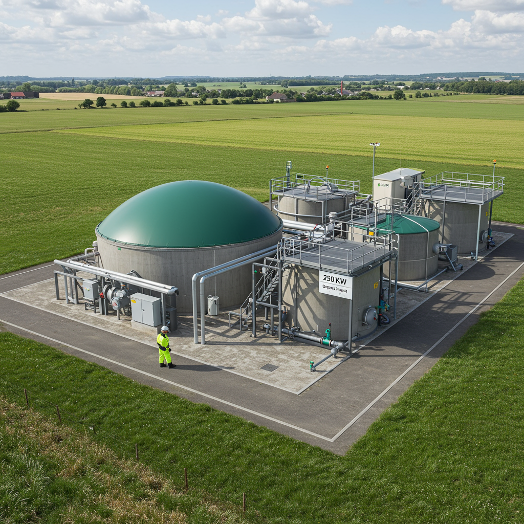 Mała biogazownia rolnicza 250 kW — fermentory betonowe i agregat CHP przy dużej fermie bydła