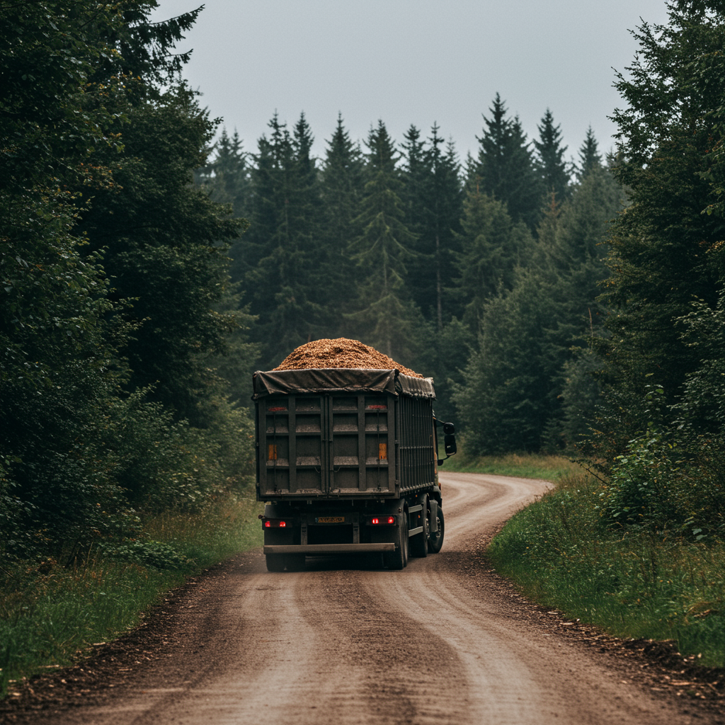 TIR załadowany zrębkami drzewnymi przy elektrociepłowni — hurtowy transport biomasy