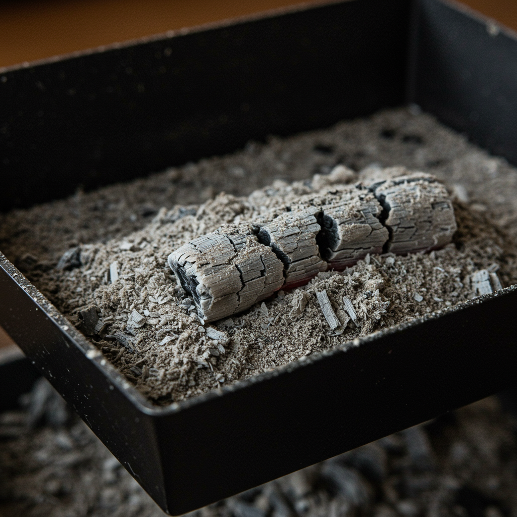 Wnętrze komory paleniskowej kotła retortowego z widoczną czystą retortą po spaleniu pelletu ENplus A1