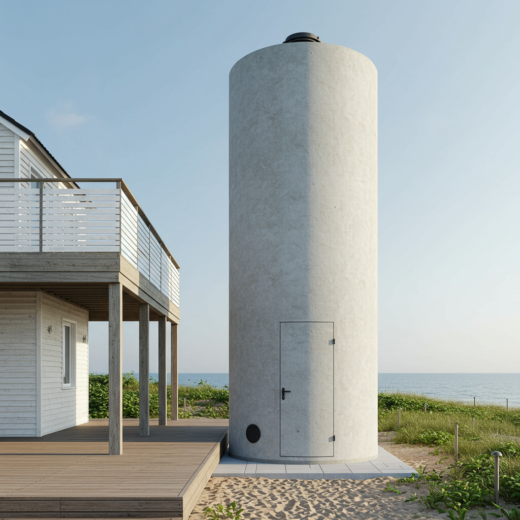 Zewnętrzny silos na pellet przy domu — szczelny zbiornik chroniący pellet przed wilgocią morską