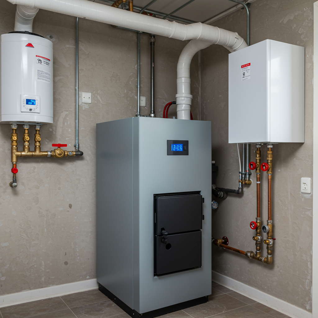 Kocioł pelletowy 15 kW klasy 5 zamontowany w kotłowni z buforem ciepła 300 litrów