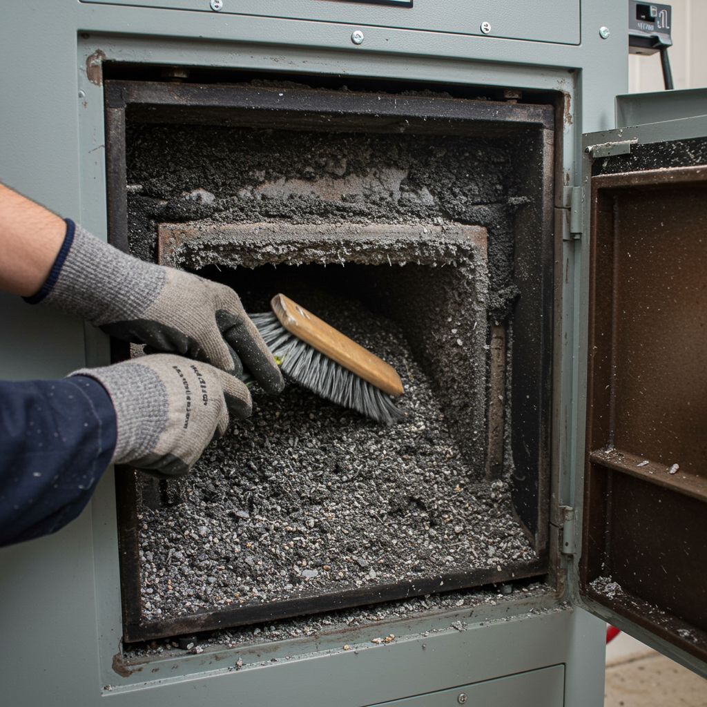 Technik serwisowy przy otwartym kotle pelletowym podczas corocznego przeglądu — czyszczenie wymiennika