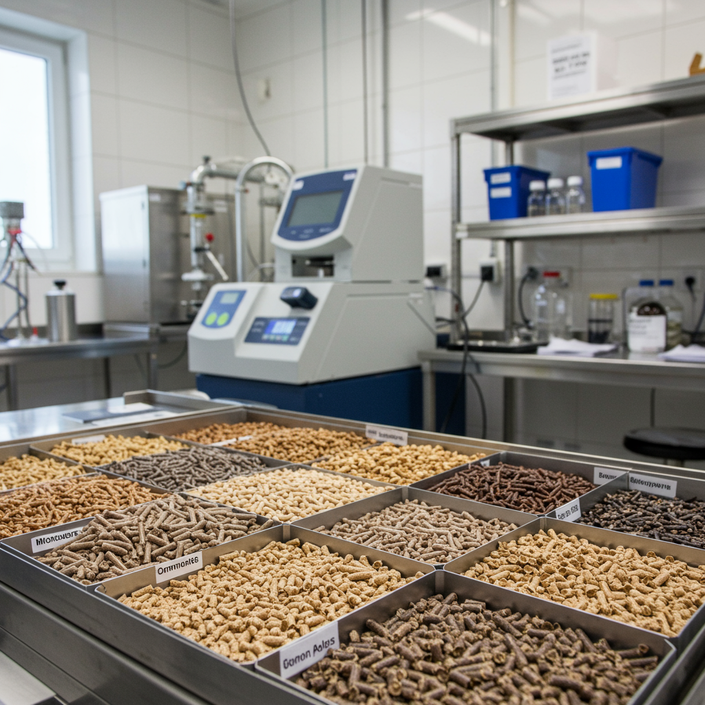Laboratorium — próbki pelletu na wadze analitycznej podczas kwartalnego badania jakości ENplus