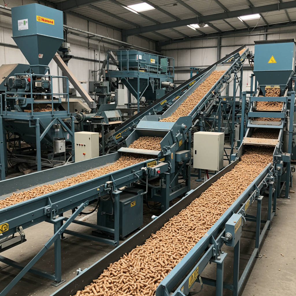 Mała linia do produkcji pelletu: granulator i chłodnica w warsztacie stolarskim