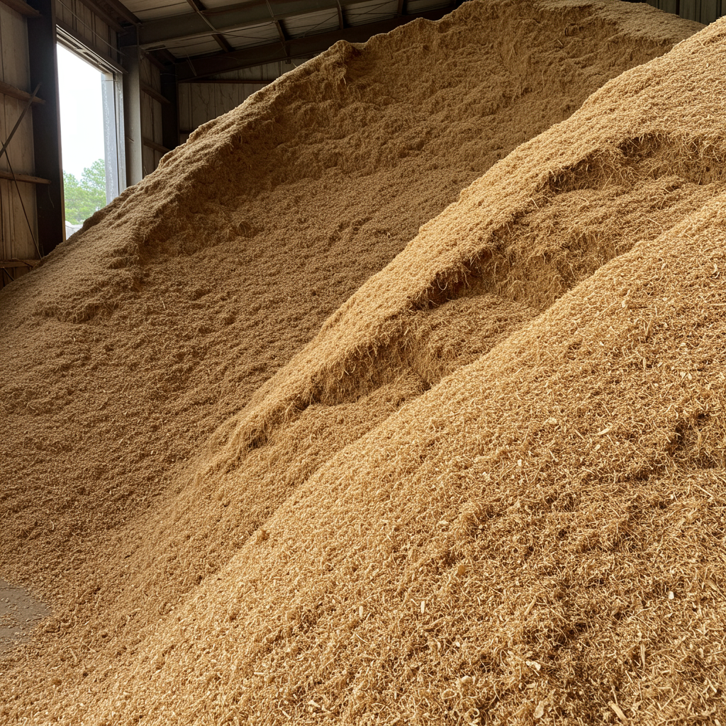 Hałda świeżych trocin przy tartaku, surowiec do produkcji pelletu drzewnego